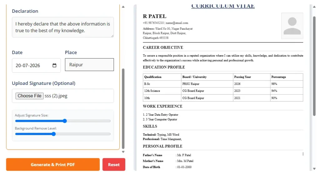 Resume Maker Data Entry and Preview
