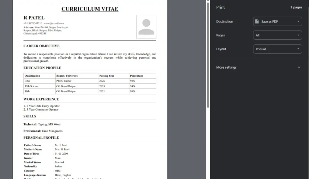 Resume Maker PDF Download and Print